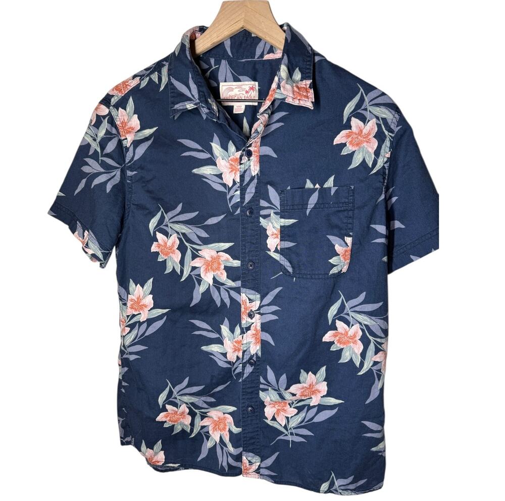 American Eagle Floral Button Up Shirt Mens M Blue Hawaiian Summer Casual